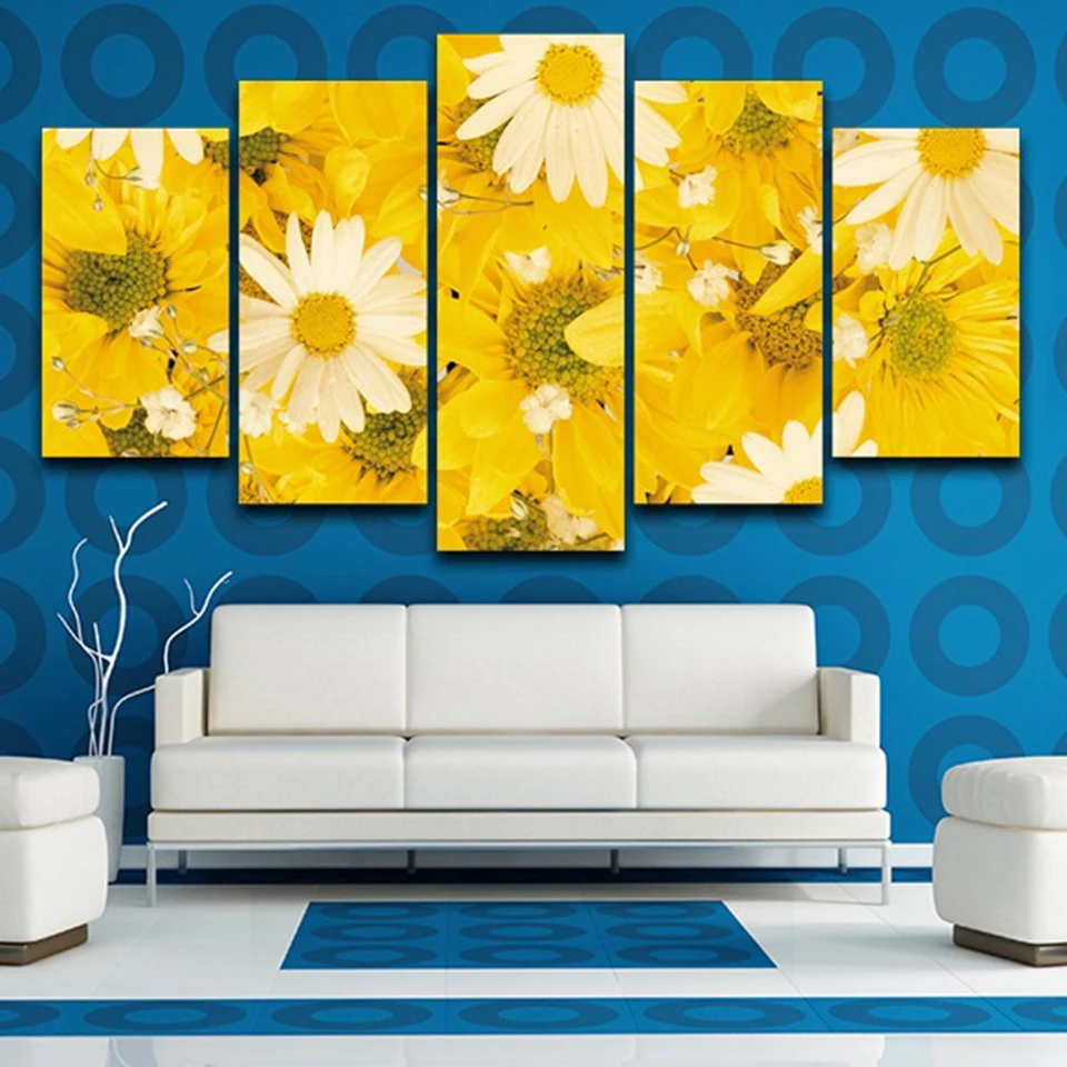 Canvas Home Decor Wall Art Picture Framework 5 Pieces Yellow And White