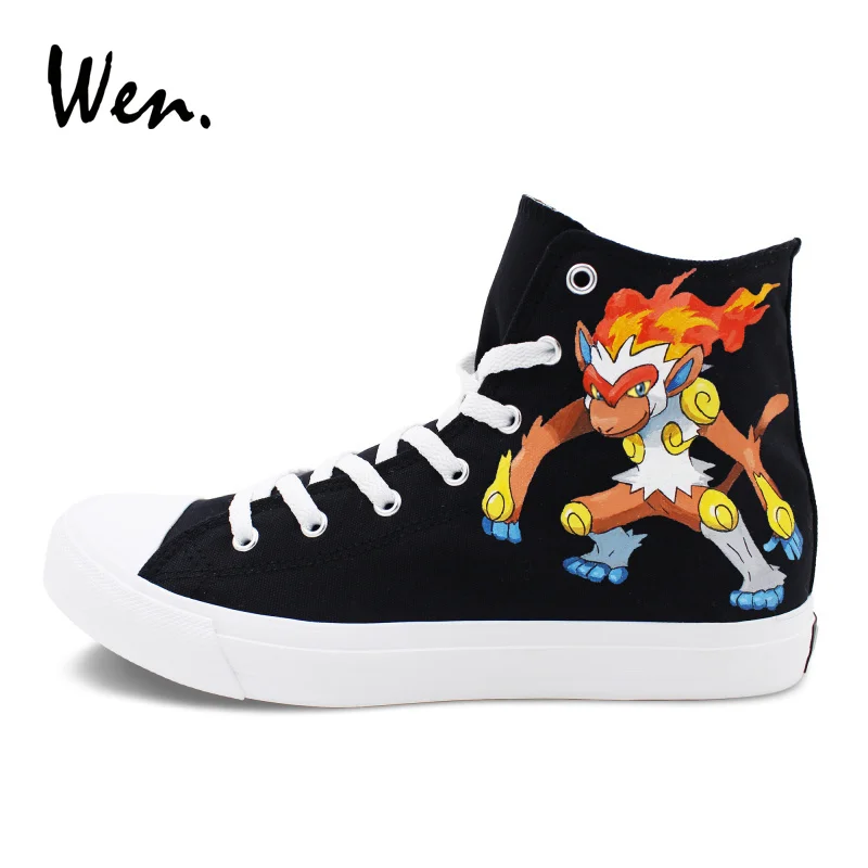 

Wen Women Men Shoes Anime Design Pokemon Infernape Hand Painted Canvas Shoes Black Athletic Sneakers High Tops