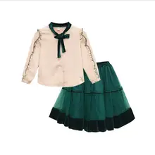Модные комплекты одежды для маленьких девочек-подростков блузка с бантом+ юбка в сеточку 6 комплектов/партия