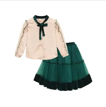 

2019 Teenage Baby Girls Fashion Dress Sets, Bow Blouse+Mesh Skirts 6 sets/lot, Wholesale, Free Shipping