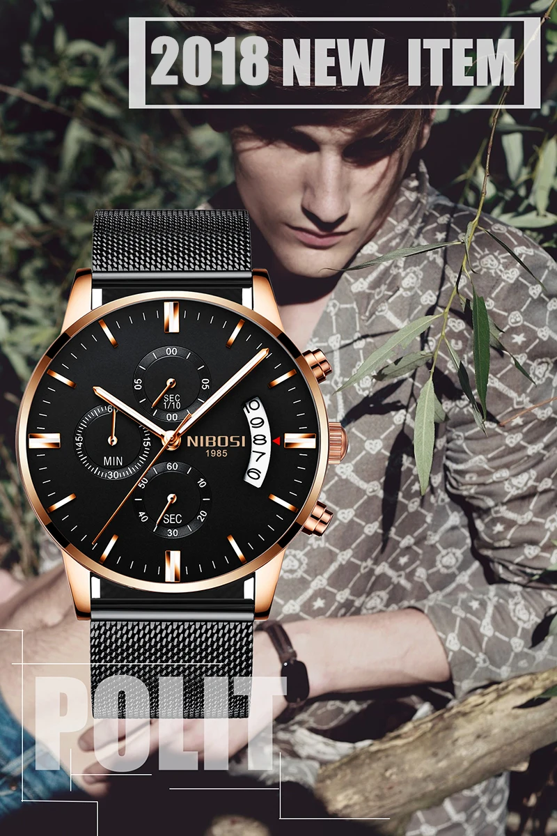 Montre Homme Marque De Luxe NIBOSI Top Brand Luxury Watches Men fashion Watch 2018 Mesh Band Chronograph Gold And Black Relogios (1)