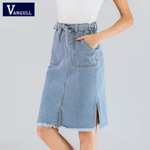 Vangull Юбка До Колена с поясом, женские джинсовые юбки, новинка, летняя корейская мода, Женские винтажные юбки с разрезом на талии и карманами
