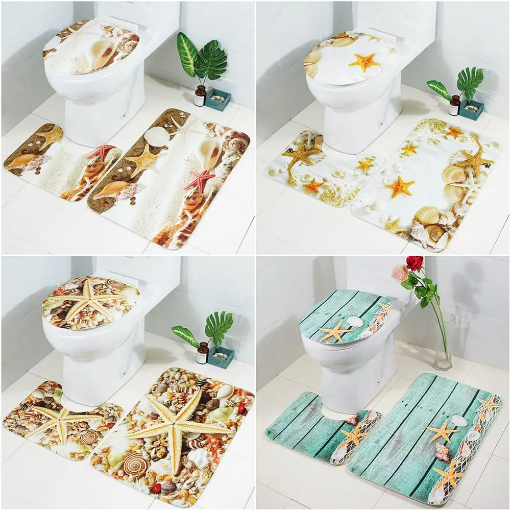 

3Pcs/set Starfish Shell Style Bathroom U/ Square Mat Toilet Lid Cover Bath Floor Mat Anti-Slip Door Mat Bathroom product Set