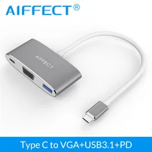 AIFFECT Type C to VGA Adapter Hub With DP Port Aluminum USB3.1 3 in 1 Hub USB-C for Macbook Chromebook Pixel Type C Adapter