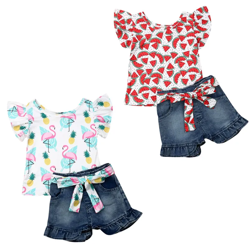 

1-6Years Kids Baby Girls Floral Tops T-shirt Denim Pants Shorts Outfits Clothes