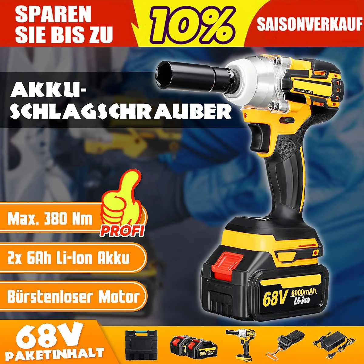 

68V 6000mAh 380Nm Cordless Lithium-Ion Electric Impact Wrench Brushless Motor Power Tools with 2 Battery Charge