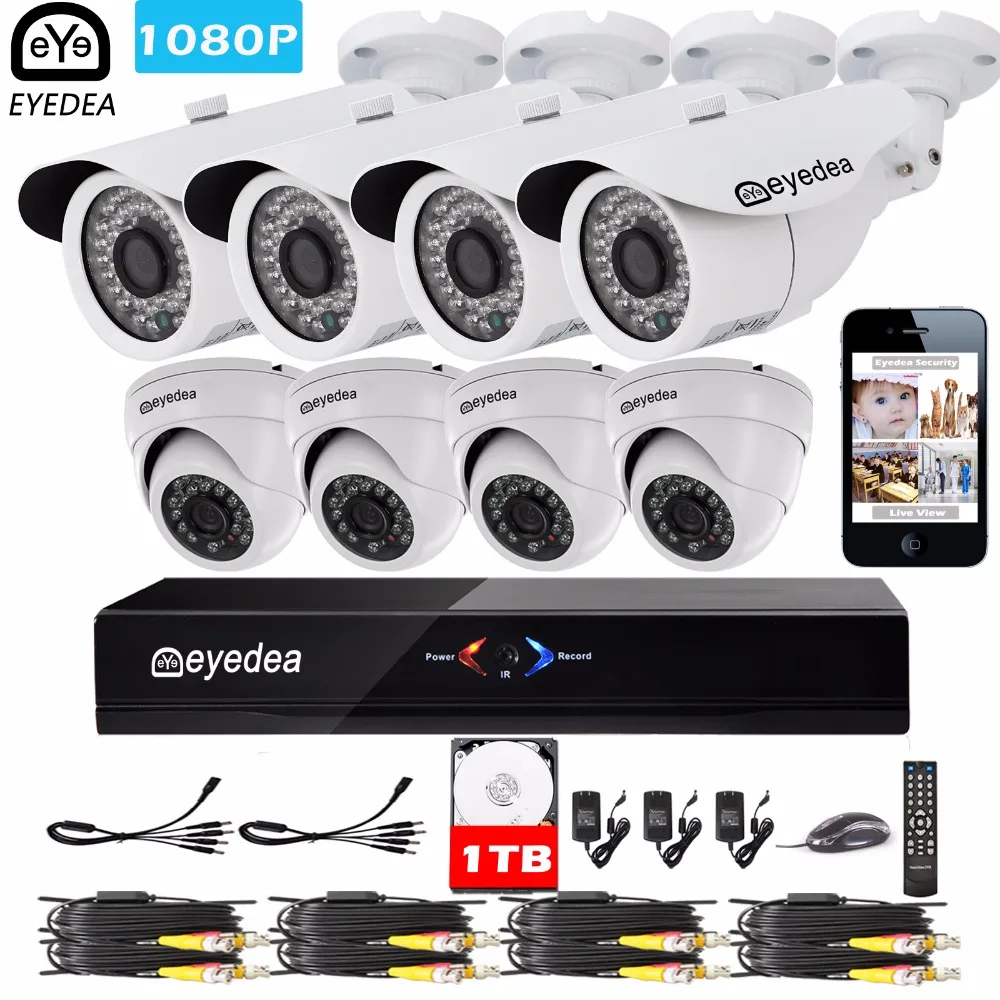 

Eyedea 8 CH Remote View Phone APP HDMI DVR Bullet Dome 1080P 2.0MP5500TVL Night Vision Home CCTV Security Camera System 1TB HDD