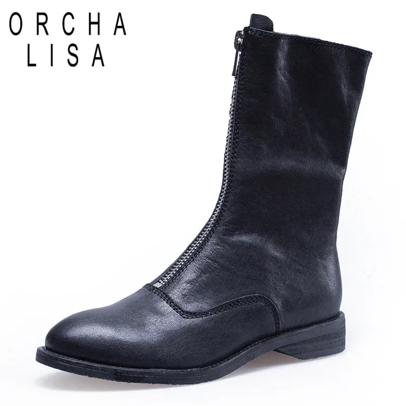 

ORCHA LISA Handmade Genuine leather Women mid-calf boots Retro Round toe Flats shoes Cowboy zipper bootie Black Zapatos mujer