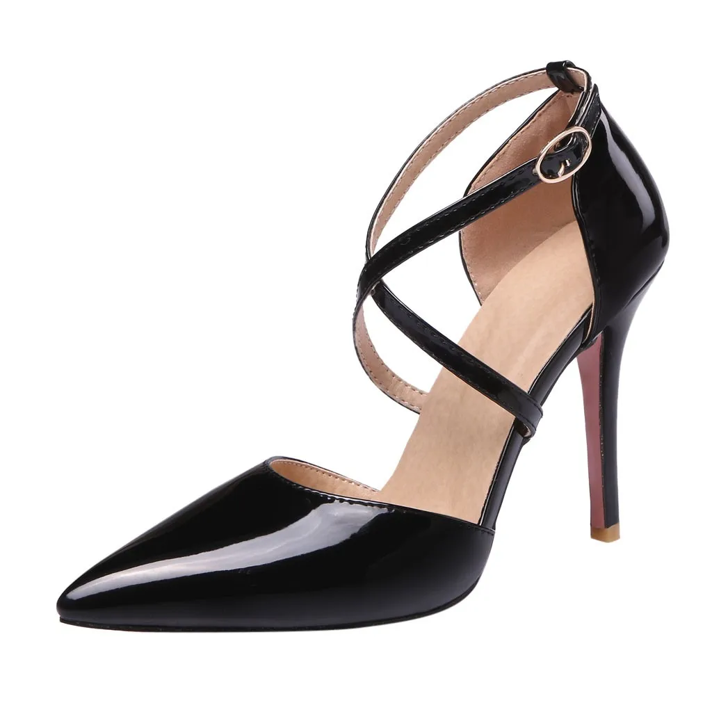 

Female High-Heeled Cross Straps Pointed Patent Leather Sandals Casual Shoes Party High Heels Ladies Summer Sexy With Buckle