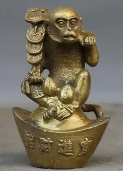 

Chinese Bronze 12 Zodiac Animal Monkey Wealth Yuan bao Coins Ruyi Statue