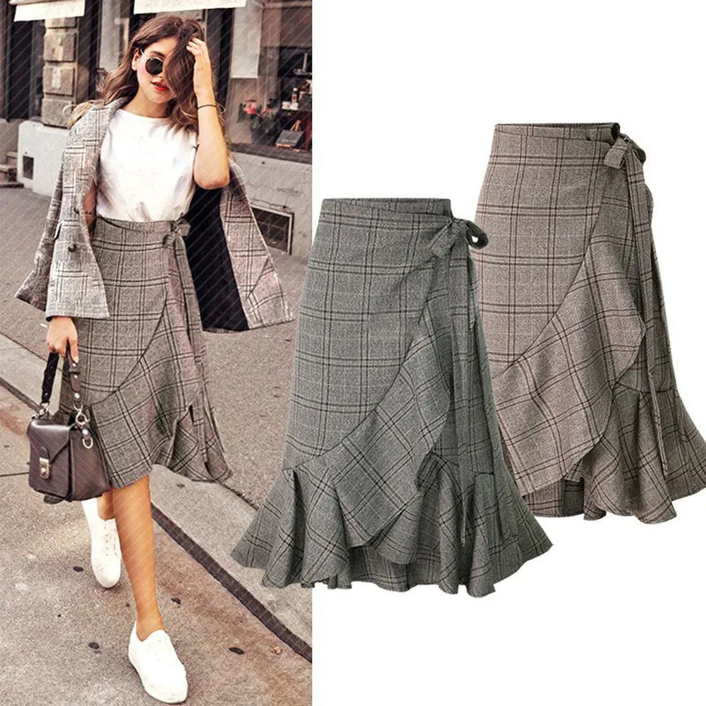 

Women's Lady Stretch Plain High Waist Skater Flared Ruffle Plaid Striped Pleated Skirt Trumpet Midi Skirts