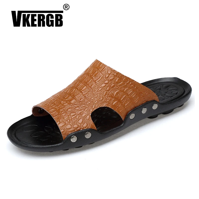 

VKERGB Summer Shoes Men's Slippers Beach Sandal Fashion Men Men Slippers Summer Shoes for Man Beach Slippers Genuine Leather