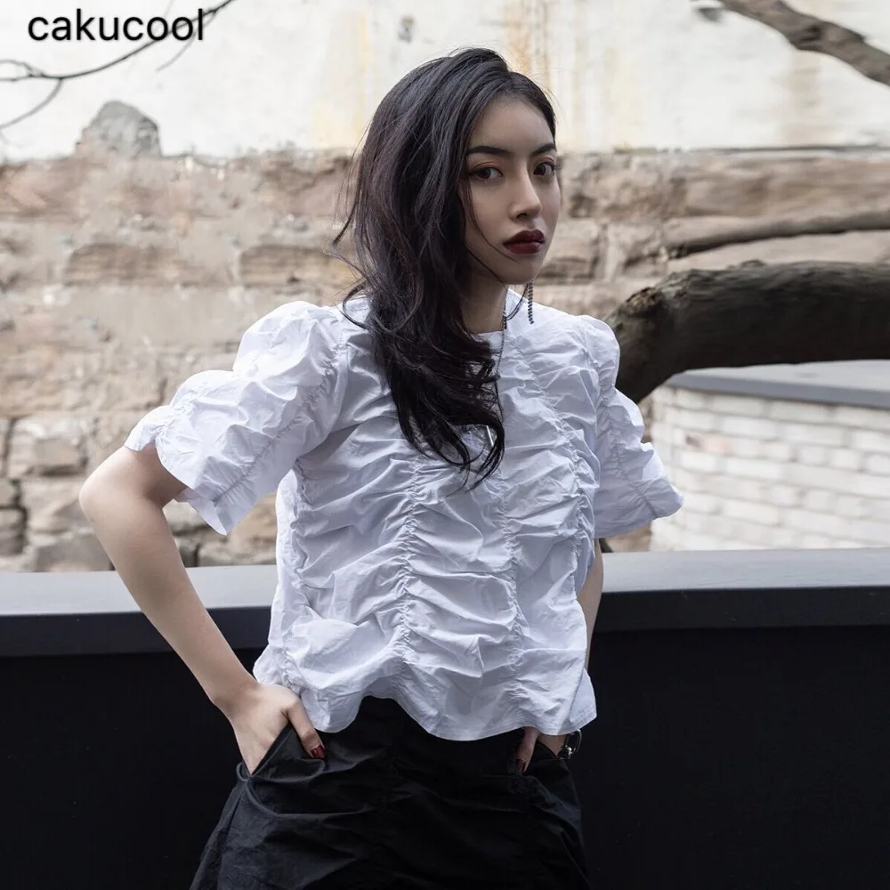 Cakucool 2019 summer new dark solid color simple wind Korean temperament ladies pleated short-sleeved shirt | Женская одежда