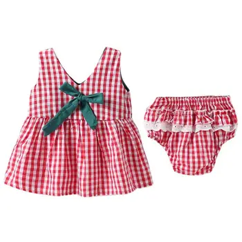 

Baby Children Summer Autumn V-neck Bowknot Plaid Lace Dress PP Briefs 2pcs/set Cute Kids Girls Sleeveless Sundress PP Underpants