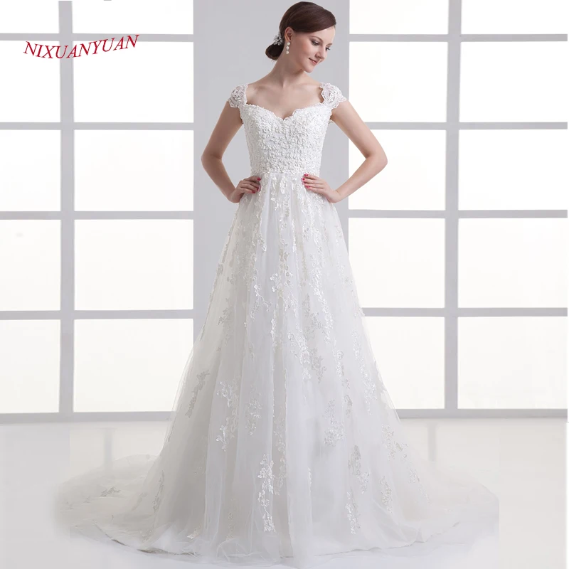 

NIXUANYUAN New Elegant Appliques Beaded Bride Wedding Gown A Line long Wedding Dress 2019 Cap Sleeves Vintage vestido de noiva