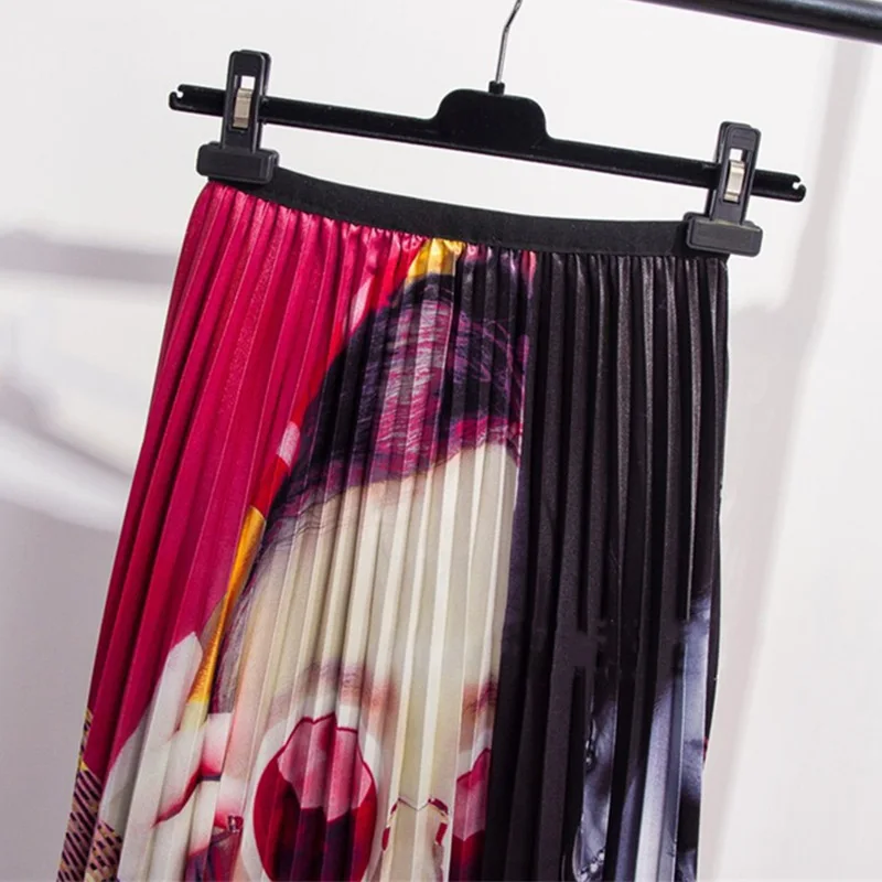 High Waist Pleated Character Print Women s Skirt Long Patchwork Pattern High Street Skirts 2019 Summer Fashion Clothes Female