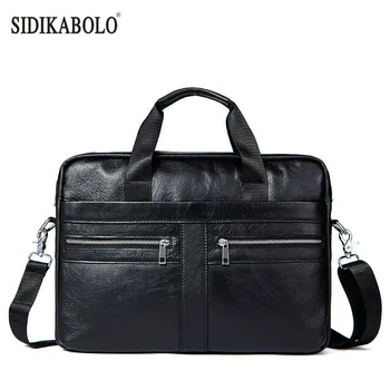 

100% Natural Cowhide Leather Handbag Zipper Men Business Polyester Two Silt Pocket Soft Handle 14 Inches Briefcases Bags