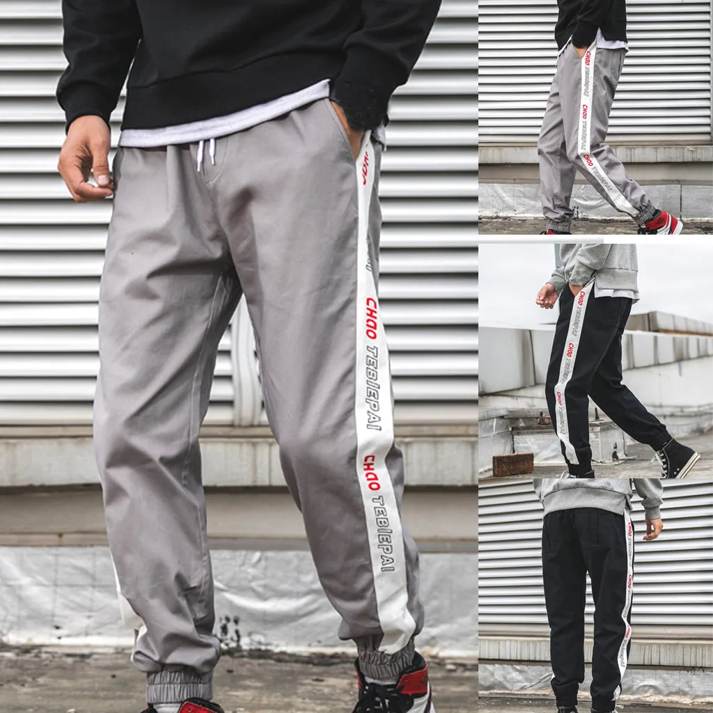 

2019 Side Letter Print Sweatpants Streetwear Men's Elastic Waist Track Pants Force Jogger Trousers Windbreaker Pants