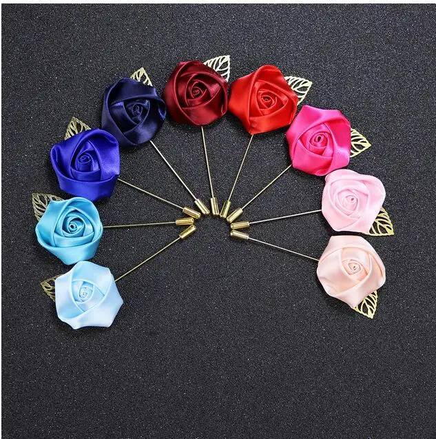 

50Pcs/Lot Best Man Groom Boutonniere Silk Satin Rose Flower men buttonhole Wedding Party Prom Man Suit Corsage Pin Brooch