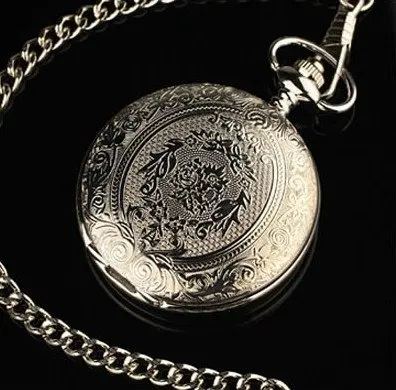 Новые серебряные гравированные Мужские кварцевые карманные часы с цепочкой в