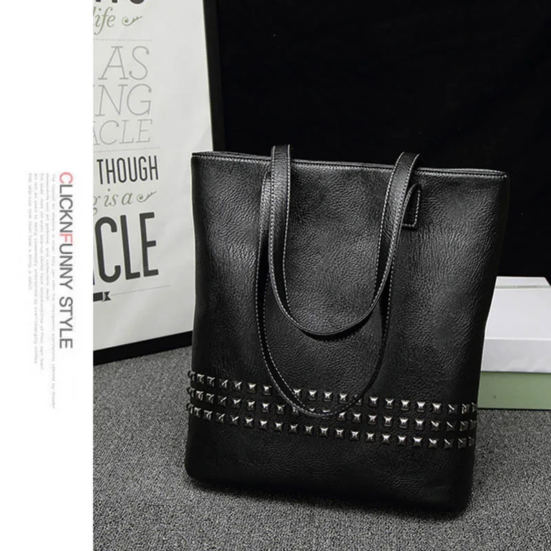 

Women PU Leather Female Handbag Autumn Bag Large Size Women Shoulder Bag Daily Vintage Bag Causal Rivet Bag(Black)