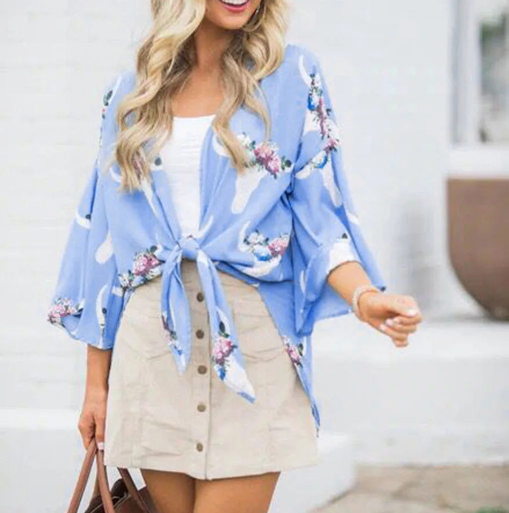 

2019 Women Floral Print Cardigan Bikini Cover Up Lace Up Swimsuit Beachwear Chiffon Summer Beachwear Kaftan Beach Tunics Pareos