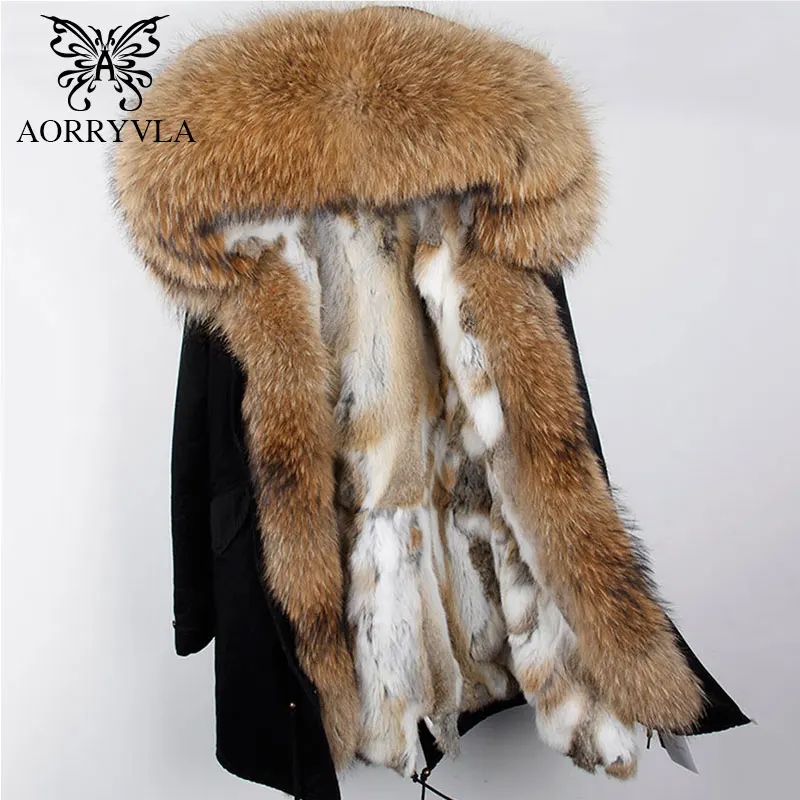 AORRYVLA 2018 Winter New Women Fur Parka Natural Raccoon Fur Hooded Long Coat Real Rabbit Lining Casual Female Warm Parka