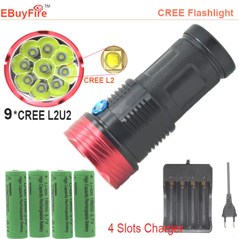 

9 x XM L2 U2 led flashlight 18650 waterproof 9L2 torch 18000LM+rechargeable 4pcs 18650 + charger