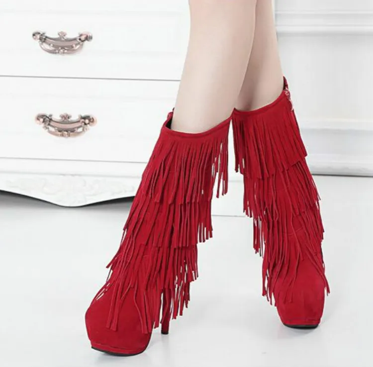 2015 new winter boots fringed boots high with fine with waterproof nightclub queen sexy boots naked boots
