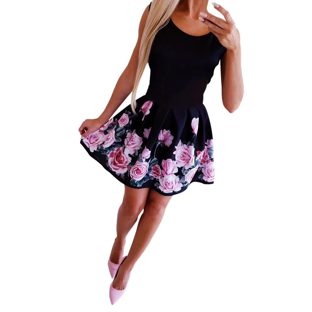

Summer Dress Women Summer Fashion Dress Sexy Round-necked Rose Printed Dress vestidos de fiesta de noche