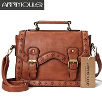 Annmouler Brand Women Satchel Bag Vintage Shoulder Purse Brown Hollow Out Crossbody Messenger Bag Small Briefcase for Ladies