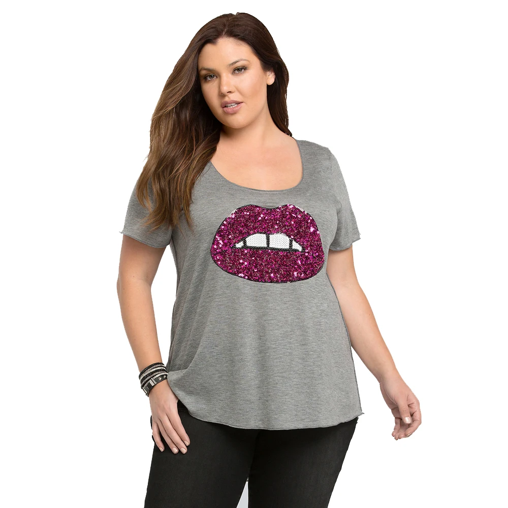 

Plus Size Sequins Red Lips and White Teeth T Shirt Women Gray Casual Tops O Neck Short Sleeve T shirts 5XL 6XL