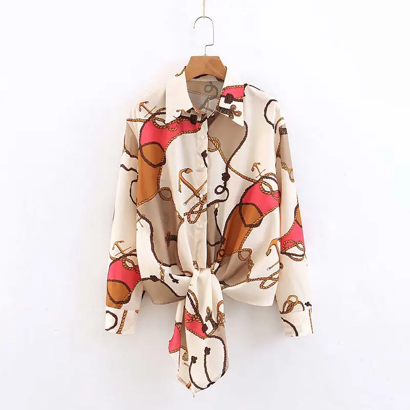 

2019 new women vintage knotted chain print retro blouse female casual long sleeve smock shirts chic business chemise tops LS3554