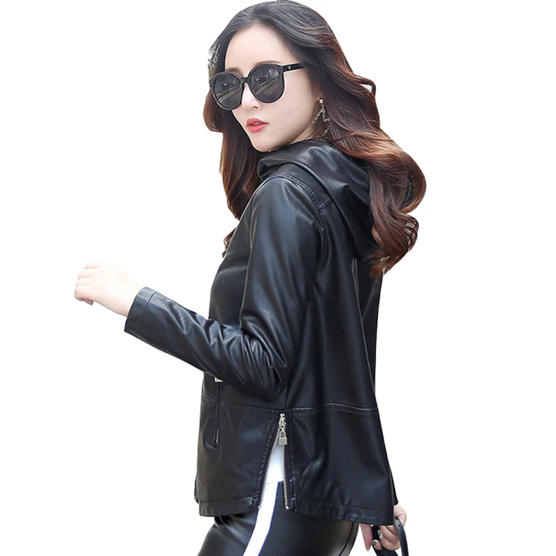 

plus size autumn Winter Women Faux Leather Clothing Hooded Slim Female short Jacket femela leather Zipper Coat outerwear QH0686