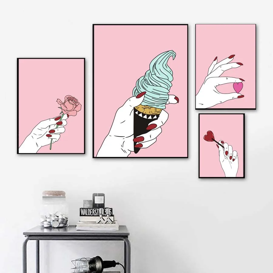 Lady-Hands-Rose-Ice-Cream-Canvas-Art-Prints-Painting-Pink-Poster-Modern-Cuadros-Modular-Wall-Picture