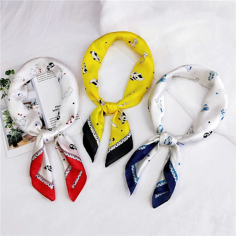 

Women Square Scarf Cartoon Cat Cute Print Silk Kerchief Fashion Stylish Female Neck Wear Bandana Wraps Decoration 70*70 cm