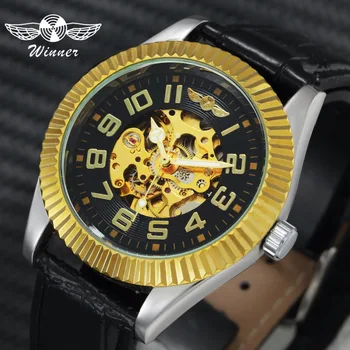 

WINNER Official Luxury Unisex Men Automatic Mechanical Watch Gold Gear Case Skeleton Dial Leather Strap Fashion Wrist Watches