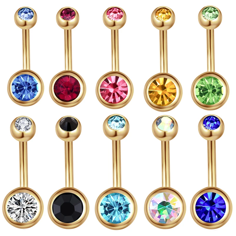 

TIANCIFBYJS wholesale 9pcs/lot mix color double crystal Gold navel bar body jewelry belly button ring belly piercing