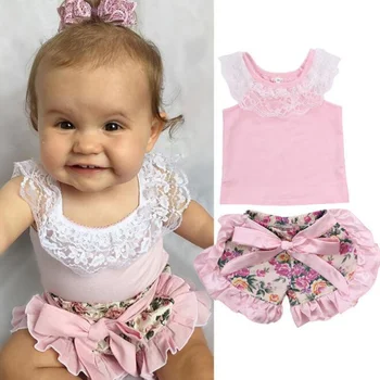

2pcs Toddler Baby Set Summer Newborn Baby Girl Clothes Lace T-shirt+Floral Shorts Pants Infant Kids Clothing Set Costume Outfits