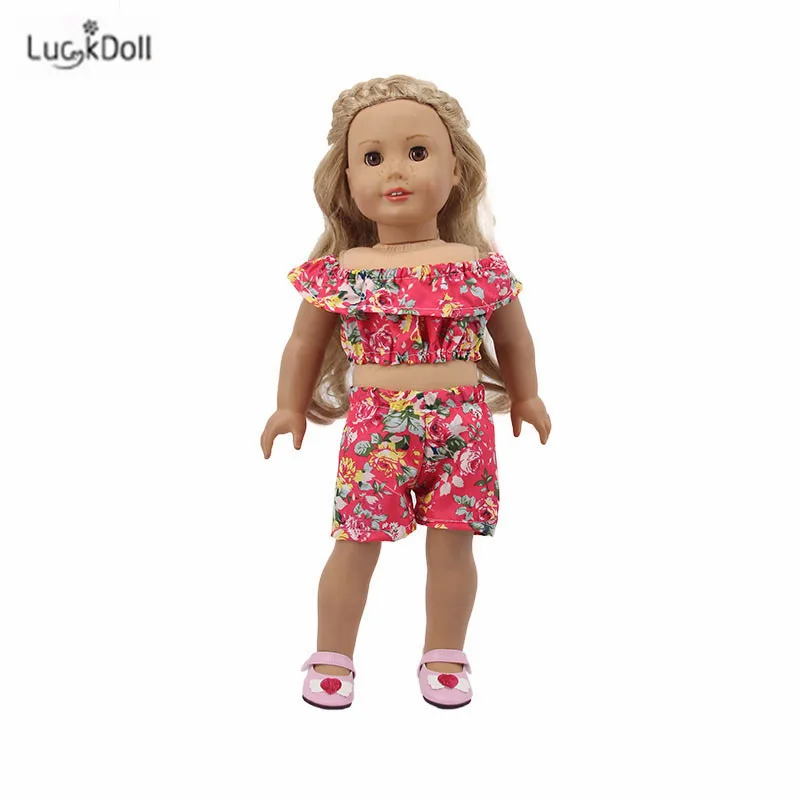 LUCKDOLL цветок короткий рукав шорты комплект подходит 18 дюймов Американский 43 см BabyDoll одежда аксессуары, игрушки для девочек, поколение, день рождения Gif