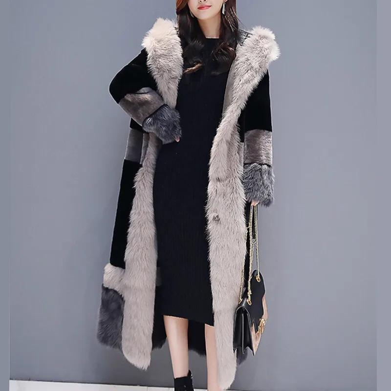 Модное зимнее пальто из овечьей шерсти с капюшоном, с воротником, плюс уплотненное, выше колена, длинная куртка с хлопковой подкладкой для женщин