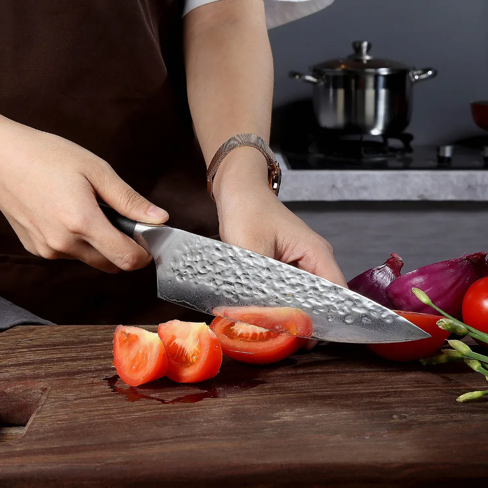 SUNNECKO 8 дюймов нож шеф-повара молоток Дамасская сталь лезвие кухонные ножи японский AUS-10 ядро бритвы острые мясо овощерезка