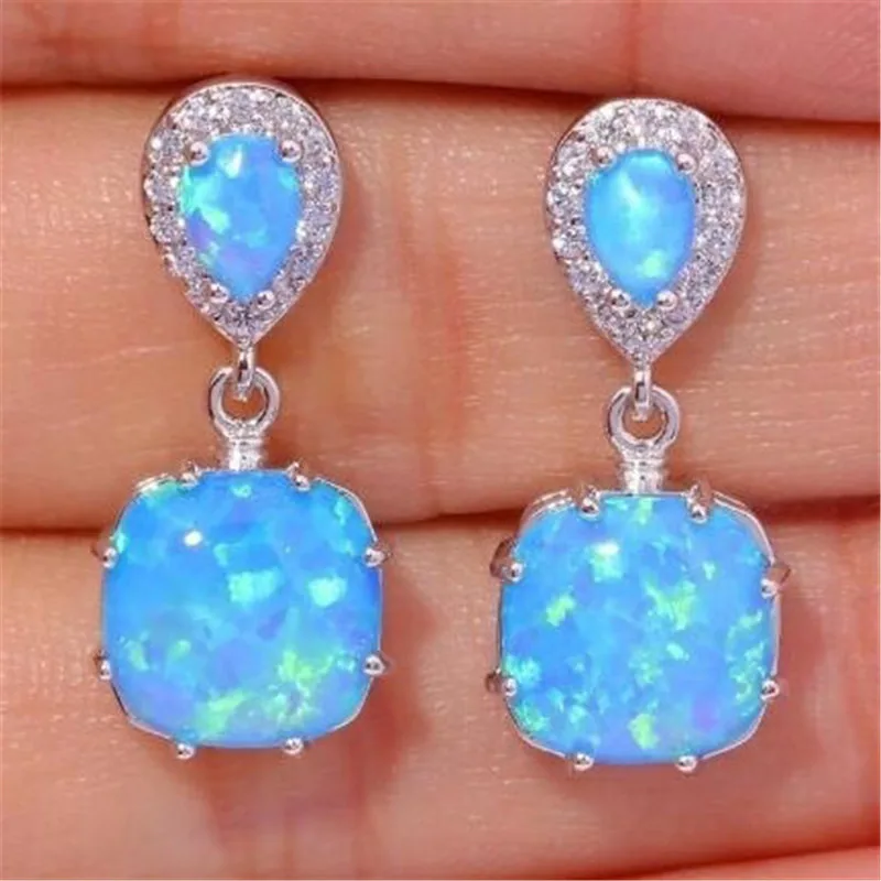

Modyle New Fashion Women Round Drop Earring Blue White Opal Earrings Silver Color Long Dangle Earrings For Women