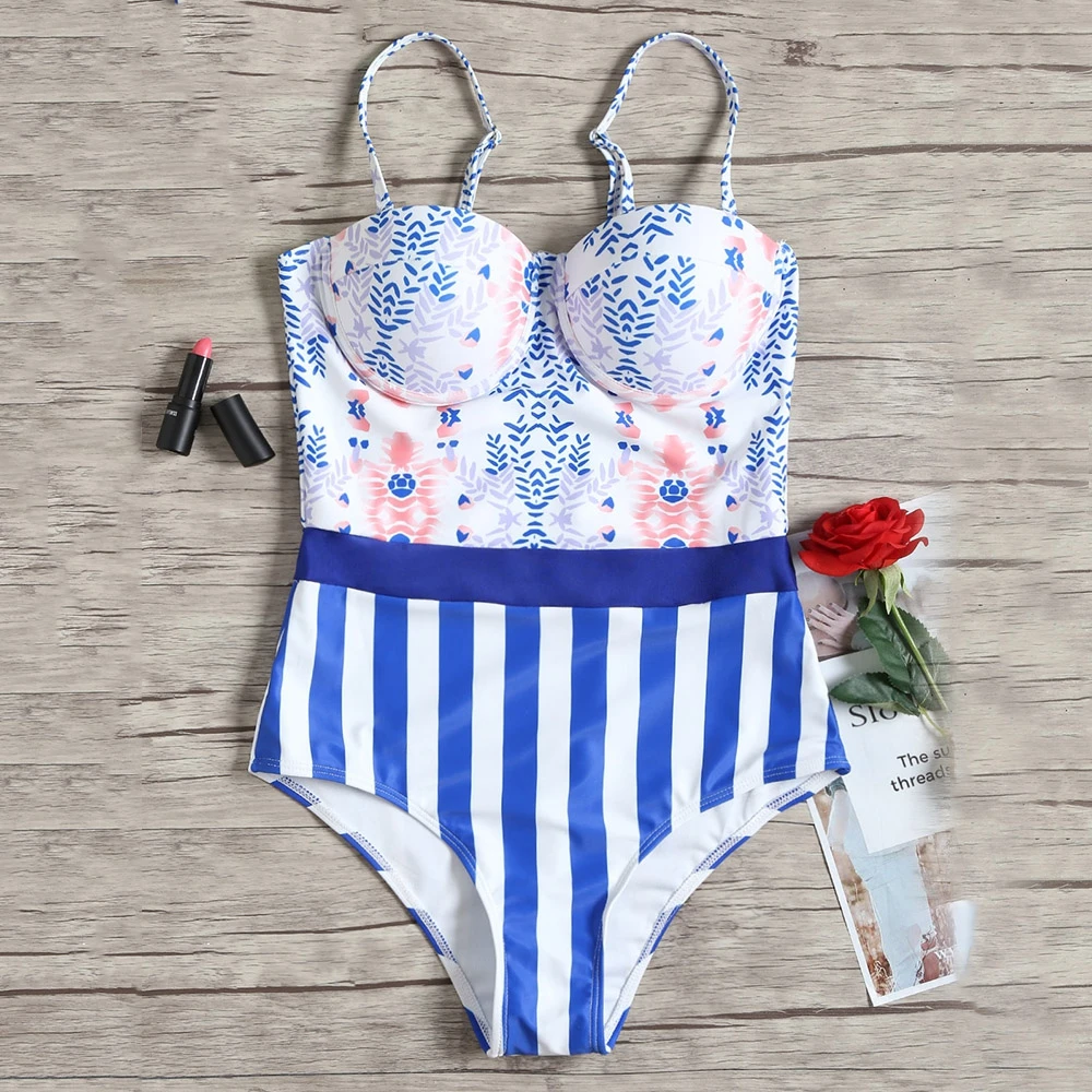BiLvLanLv Women One piece Swimsuit Push Up Printed Stripe Swimwear
