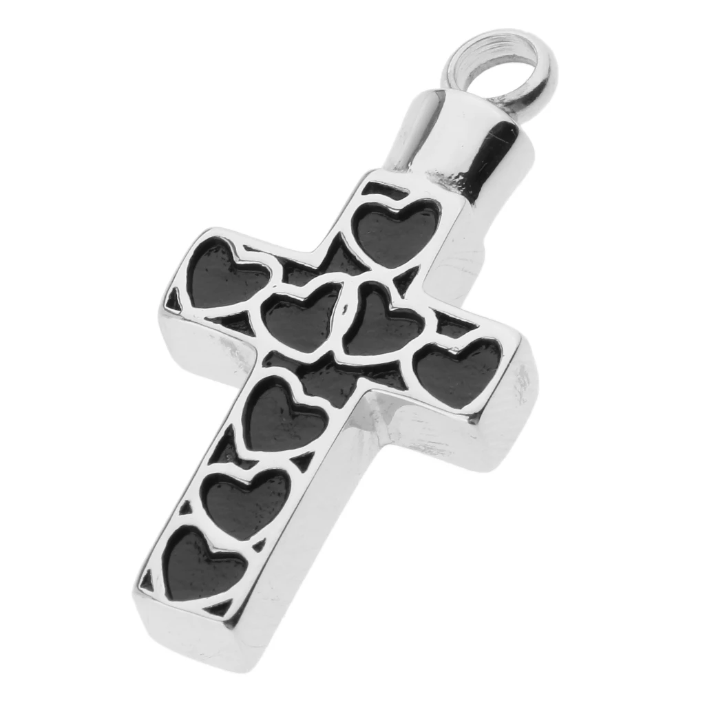 Cross Shape with Heart Pattern Stainless Steel Cremation Keepsake Pet Ash Urn Holder Pendant
