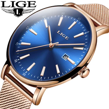 

LIGE Summer dress Fashion Blue Quartz Watch Lady Leather Watch Band High Quality Casual Waterproof Wrist Watch Gift for Wife