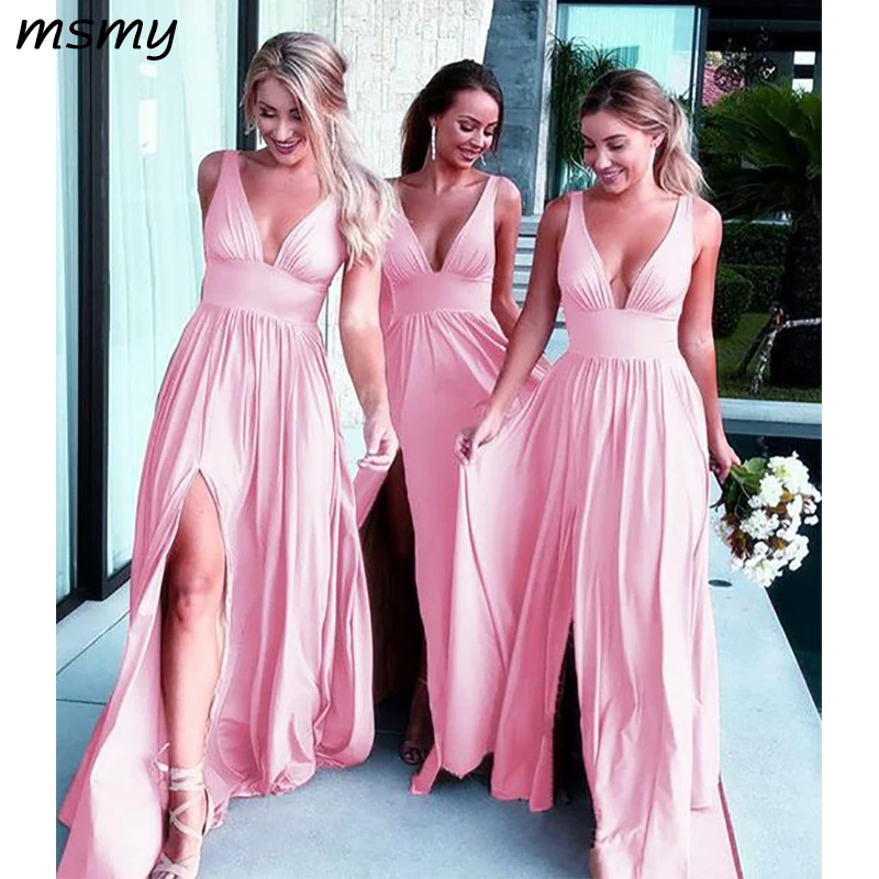 Baby Pink Long Chiffon V-neck Split Bridesmaid Dresses 99