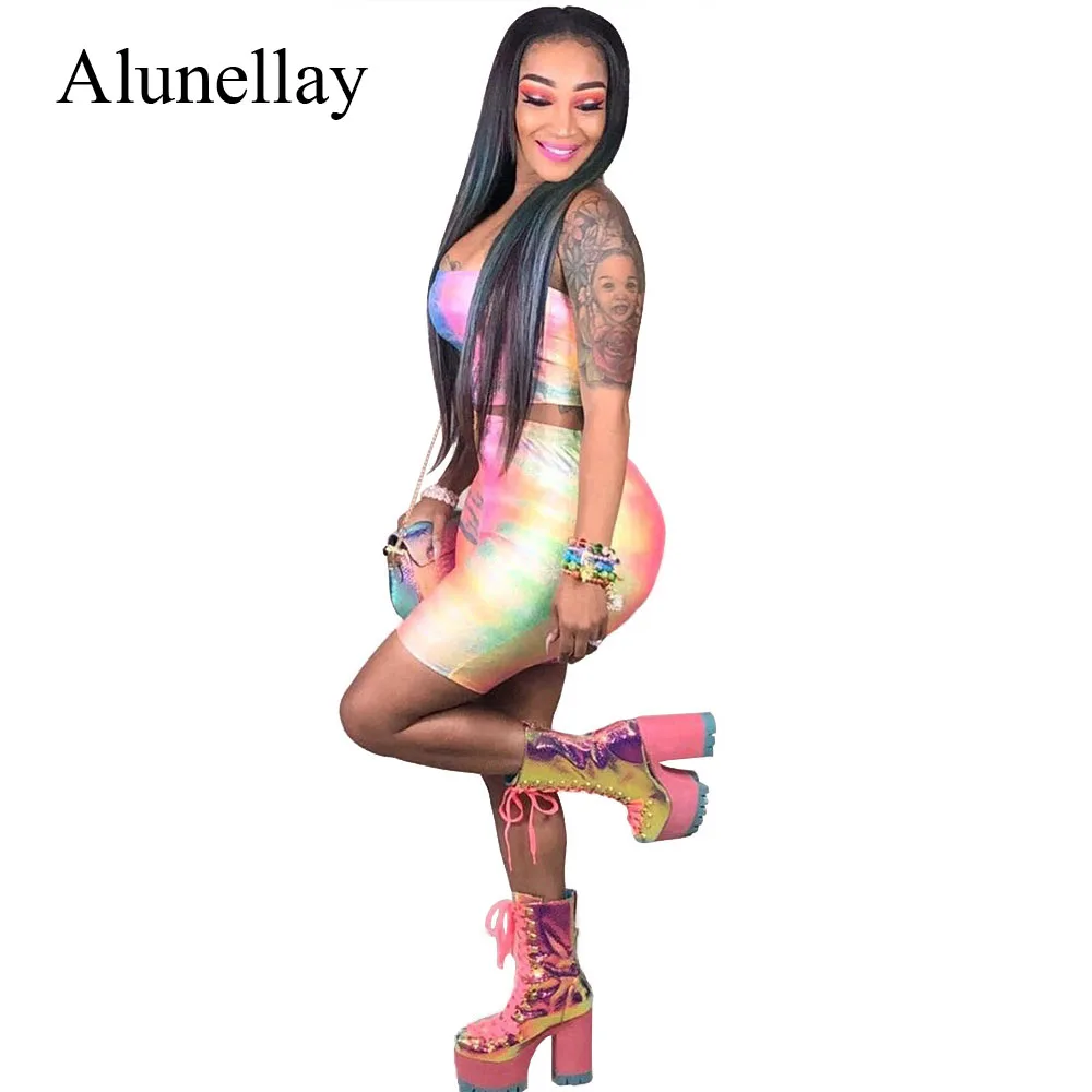 Alunellay Women Sexy 2 Piece Sets Strapless Playsuit Gradient Rainbow Color Bodycon Jumpsuit Women Backless Sleeveless Playsuit