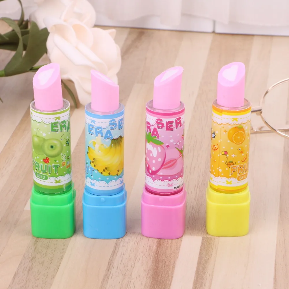 1pc Lovely Lipstick Style Pencil Eraser Rubber Fruit eraser Office