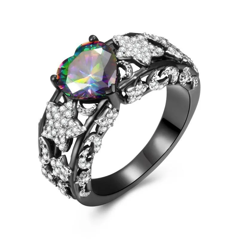 

Hollow Heart Shape Rings for Women Colorful Zircon Black Rings Stars and Moon Wedding Engagement Party Jewelry Full Drill Ring